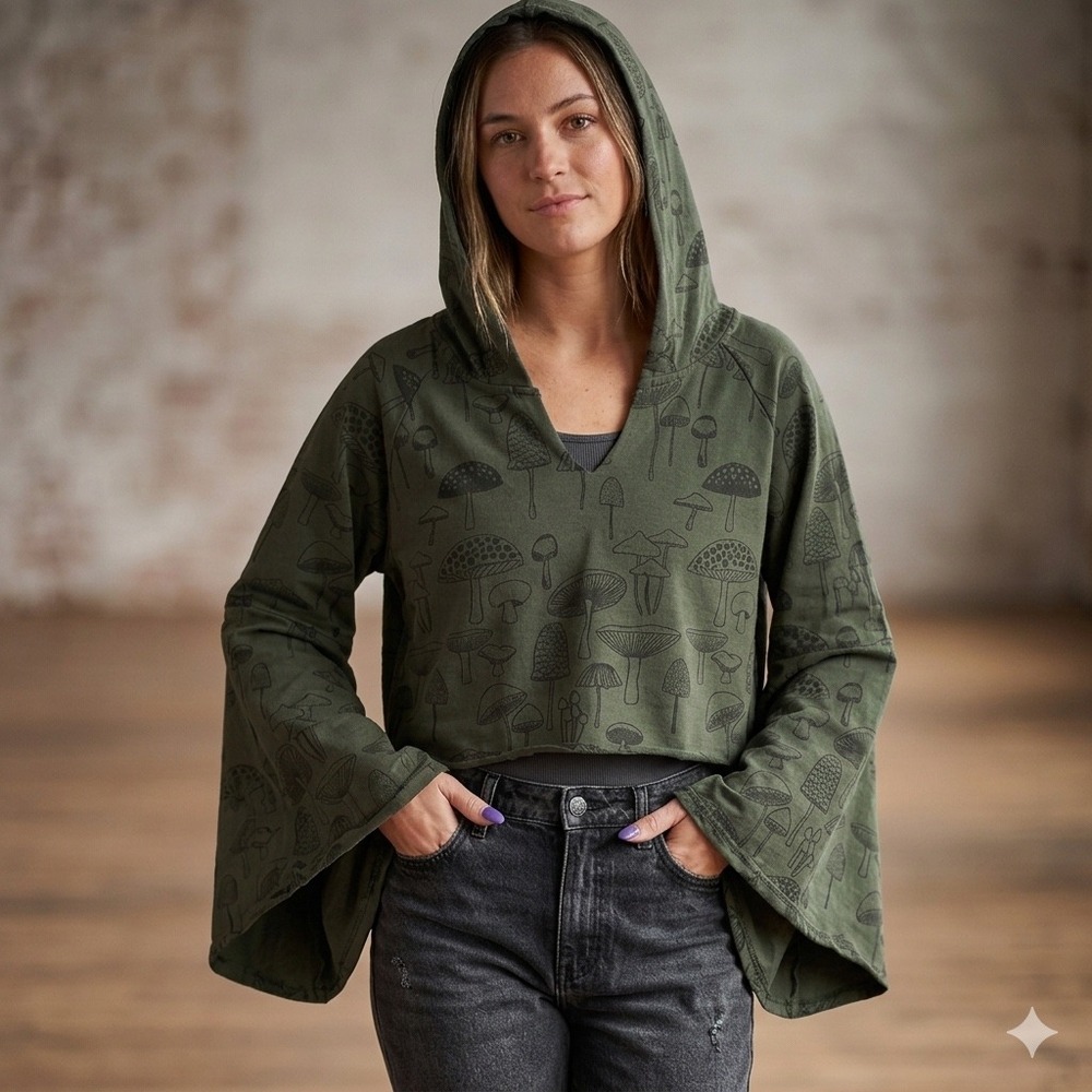 Gypsy Rose Mushroom Print Cropped Bell Sleeve Hoodie Olive Green L/XL Nepal Boho